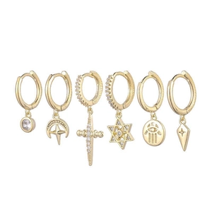 Detailed set of six gold-plated tassel earrings featuring star, moon and hamsa charms