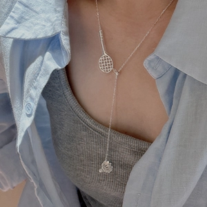 Adjustable silver badminton racket Y-shaped necklace with shuttlecock pendant for women