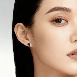 Boucles d'oreilles vintage avec pierre ovale bleue et cristaux blancs sur mannequin