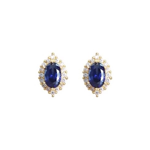 Détails de boucles d'oreilles saphir bleu ovales avec halo doré et zircons étincelants