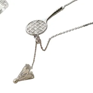 Badminton racket and shuttlecock pendant necklace in silver finish with adjustable O-chain
