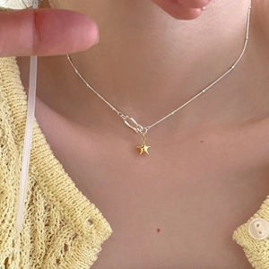 Minimalist gold star pendant necklace with silver chain for women, chic collar jewelry