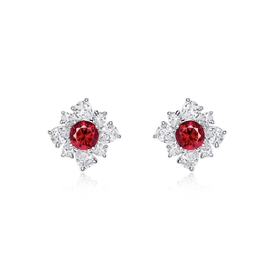 French vintage flower stud earrings with red zircon and sparkling crystal diamonds