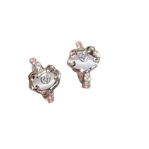 Exquisite gold-plated Ruyi lock earrings with white cat-eye stone and sparkling zircons