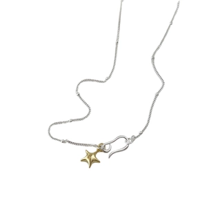 Silver chain necklace with a 3D gold star pendant and unique S-hook clasp on white background