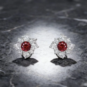 Elegant vintage flower stud earrings with red crystal and silver metal base