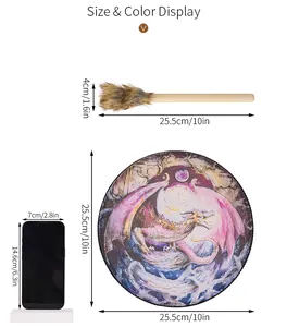 Size chart for 10-inch dragon shaman drum with mallet and smartphone reference