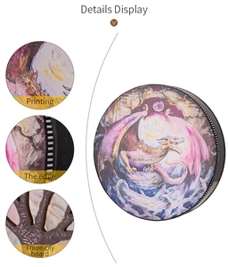 Detail view of decorative dragon pattern drum with woven edges and 3-ply wood structure