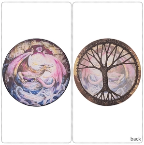 Detail of shaman drum showing colorful dragon illustration and tree of life woven back