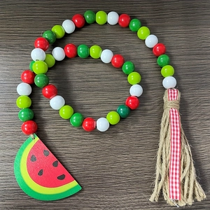 Watermelon theme wooden bead garland with jute tassels for farmhouse summer decor