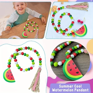 Watermelon wooden bead garland with jute tassels and slice pendant for summer farmhouse decor