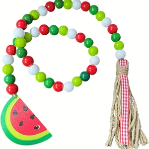 Wood Bead Garland With Watermelon Slice Pendant Jute Tassel Summer Farmhouse Home Decoration Hanging Ornament