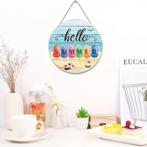 Round wooden Hello Summer welcome sign with colorful popsicles and blue stripes
