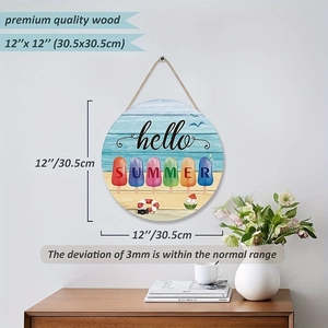 Detail of 12-inch round wooden summer welcome sign with colorful beach popsicle illustrations