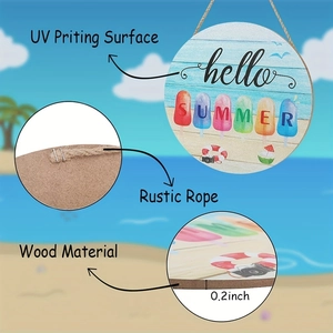 Round wooden Hello Summer welcome sign with colorful popsicle UV printing and rustic rope