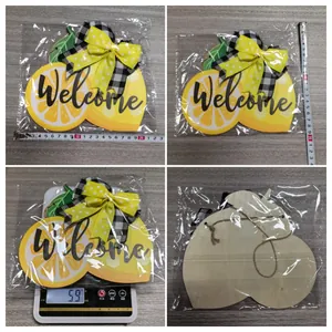 Detailed views of 21cm lemon welcome sign showing size, weight, and wood backing