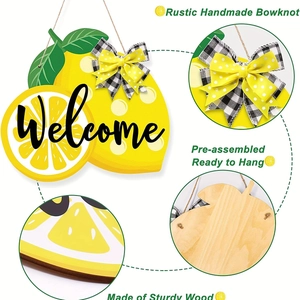 Detail of handmade bowknot and sturdy wooden structure of lemon welcome door sign