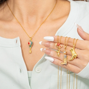 Collier Pendentif Étoile Acier Titane Montgolfière Ours Botte Cowboy Zircon Coloré Émail Chaîne Clavicule Bijoux Femmes