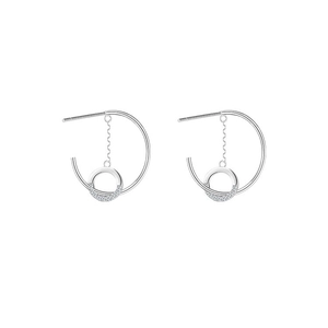 Minimalist silver C-shape hoop earrings with dangling micro-pave crystal ring charms