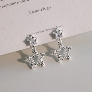 Brass Star Dangle Earrings For Women With Shiny Zircon Hollow Double Star Studs Korean Style Minimalist Elegant Jewelry