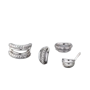 Silver geometric C-shaped zircon stud earrings and ear cuffs with layered design