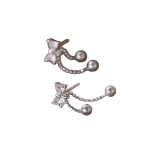 Silver bow earrings with sparkling cubic zirconia, grey pearls and long beaded tassels