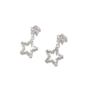 Sparkling star zircon dangle earrings in silver with a minimalist hollow star design
