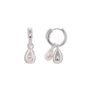 Elegant silver hoop earrings with asymmetrical polished metal teardrop and white pearl charm