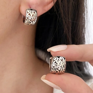 Vintage Auspicious Cloud Hoop Earrings Hollow Carved Copper Antique Silver Style Retro Ethnic Jewelry For Women Men