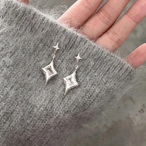 Minimalist irregular star zircon earrings in silver finish on grey knit texture