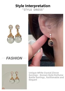 Detail of perfume bottle stud earrings featuring white crystal and sparkling zircon stones