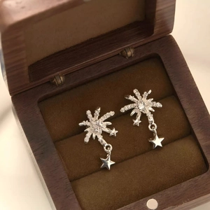 Sparkling silver star stud earrings with white zircons on dark velvet jewelry box