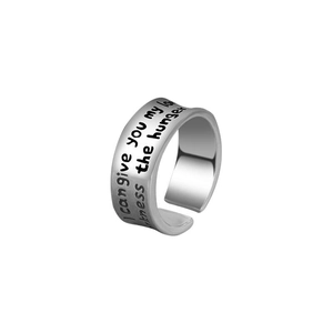 Minimalist silver wide band adjustable open ring with black engraved romantic letter