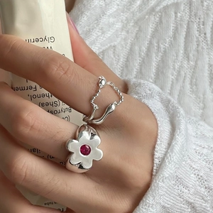 Flower Adjustable Ring And Layered Bead Chain Ring For Women Copper Pink Zircon Fashion Korean Style Jewelry