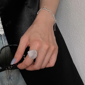 Chic hollow grid spherical ring and matching bead chain bracelet set in silver finish