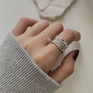Irregular Wave Edge Wide Band Open Ring Copper Silver Plated Engraved English Letters Vintage Adjustable Fashion For Women