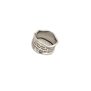 Vintage irregular wide silver ring with engraved English text and wavy edges