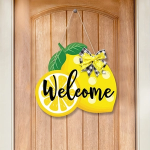 Lemon welcome wooden door sign with yellow citrus design and rustic plaid bow for wall decor