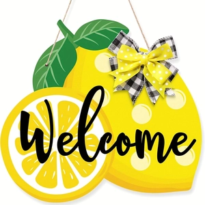 Summer Lemon Welcome Sign Wood Hanging Decor With Double Bowknot For Front Door Farmhouse Home Wall Garden Porch Decoration