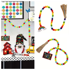 Colorful Wooden Bead Garland With Hemp Rope Tassels Rainbow Blackboard Pendant Back To School Party Classroom Decoration