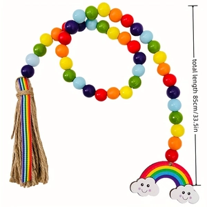 Rainbow wood bead garland with jute tassel and cloud charm, 85cm length detail