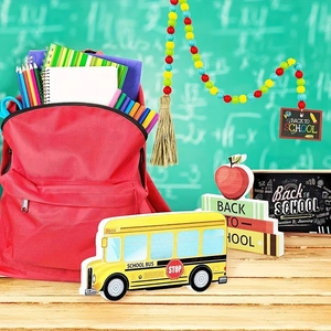 Colorful back to school wooden bead garland and school bus tiered tray decor set