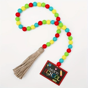 Colorful wood bead garland with Back to School blackboard tag and jute tassel decoration