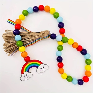 Rainbow wooden bead garland with jute tassel and smiling cloud pendant for summer decor