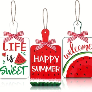 Set de 3 carteles de madera de sandía con lazos de cuadros para decoración de verano