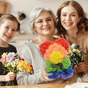 Rainbow rose bear gift with Just for you ribbon shown in a warm family gift-giving setting