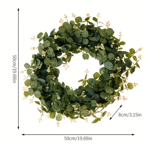 Close-up of artificial eucalyptus wreath showing 50cm outer diameter and 8cm width