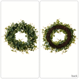 Front and back detail of eucalyptus wreath with natural rattan base and realistic leaves