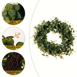 Close-up of artificial eucalyptus leaves, buds and natural rattan hoop base texture
