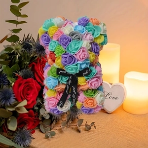 Detailed view of a rainbow-colored PE foam rose bear with Just for you ribbon and red roses